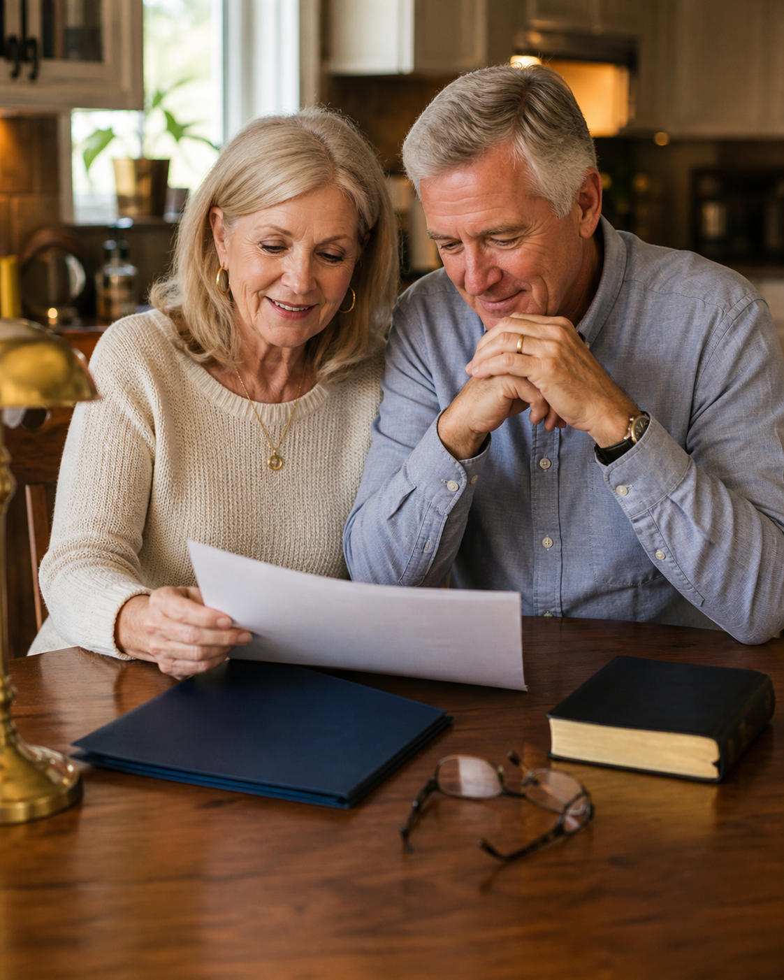 A couple in their sixties sitting at a kitchen table in late-afternoon light, reviewing a printed retirement plan together, with a navy folder, reading glasses, and a closed Bible beside them.