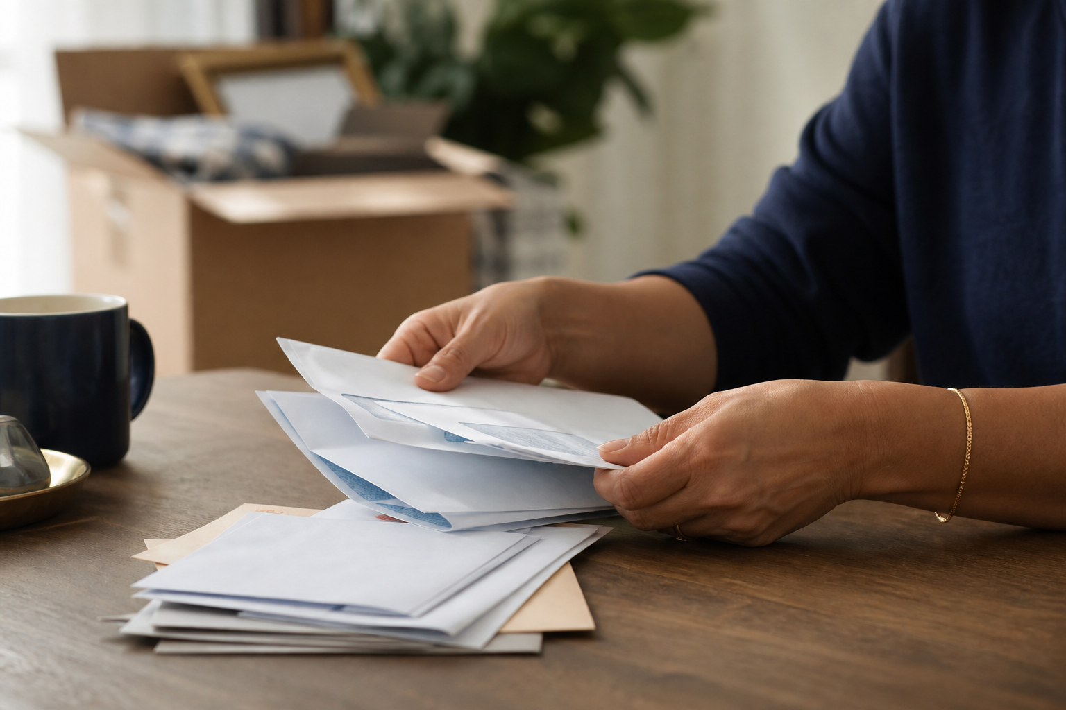 Hands sorting retirement account statements at a table with a moving box in the background, representing a 401(k) rollover decision at retirement.