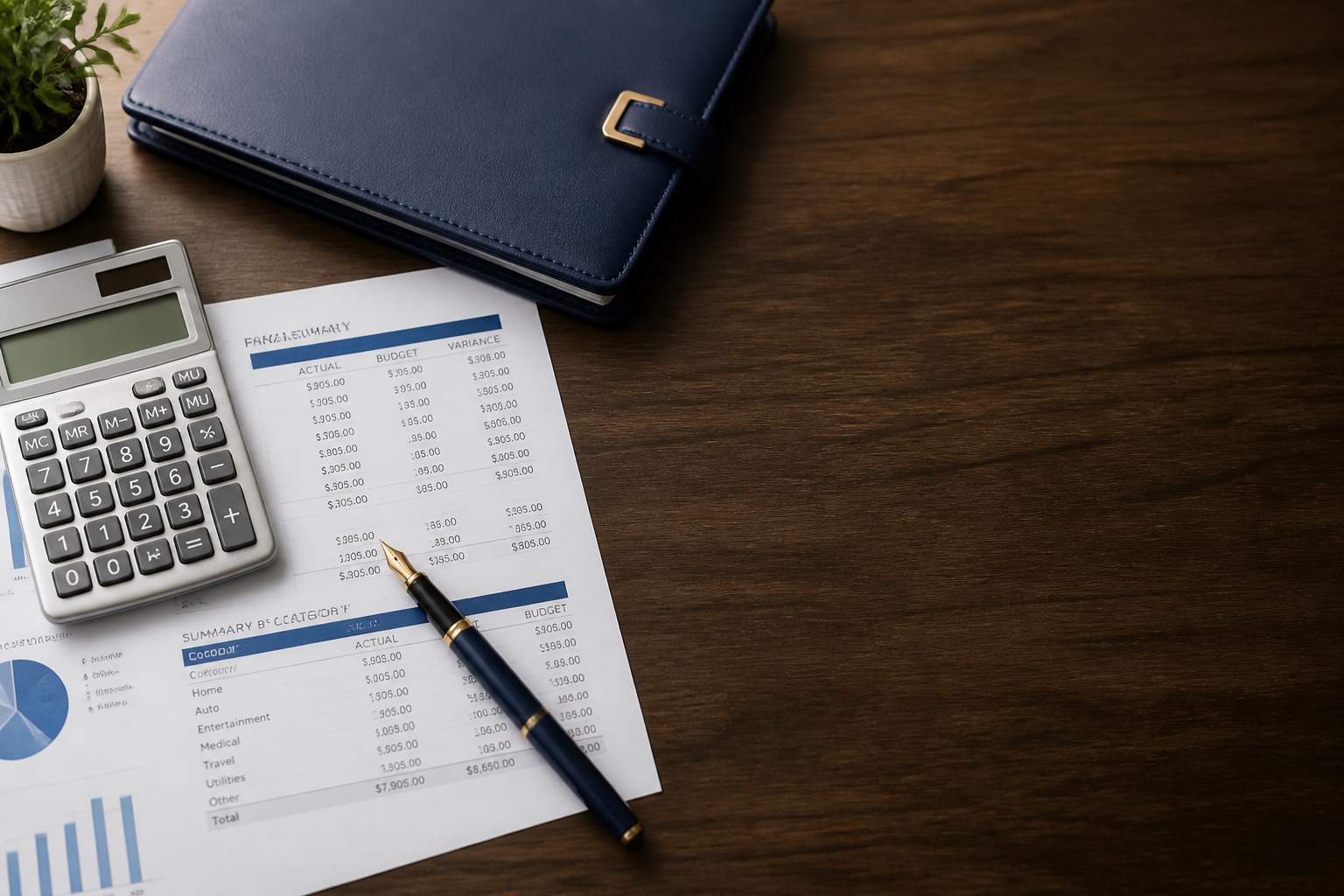 A clean desk with a calculator, organized financial documents, and a notebook showing retirement planning figures, in warm professional lighting with navy and gold tones.