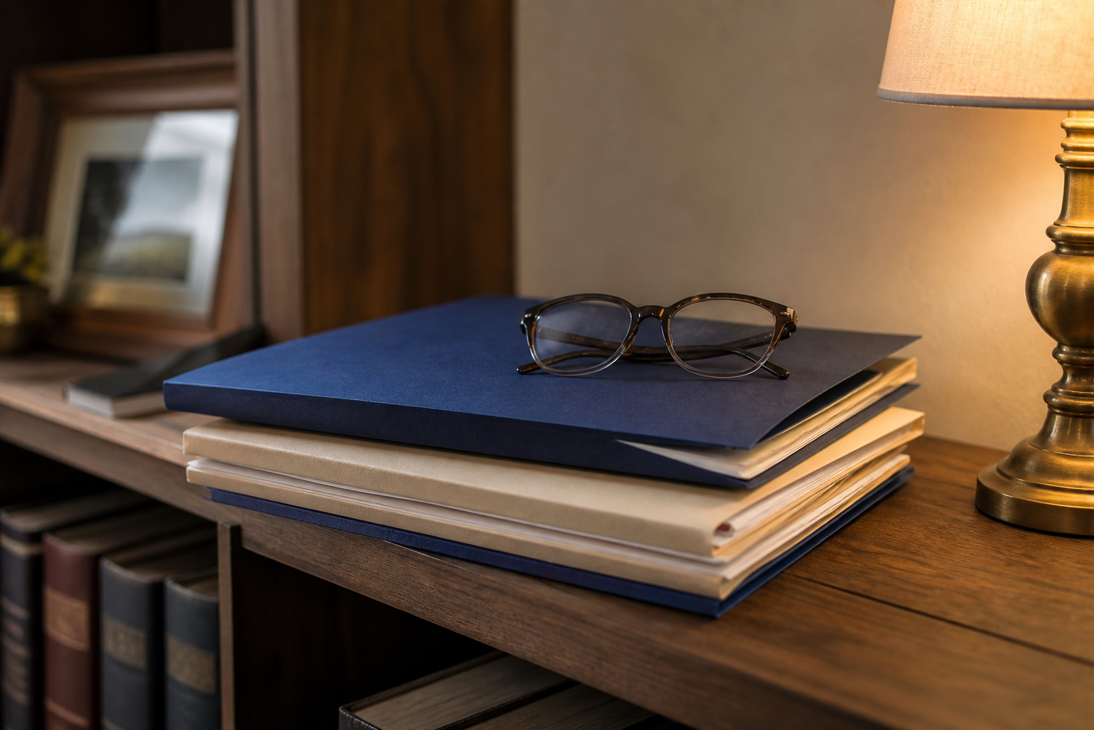 A neat stack of insurance folders with reading glasses on top, warmly lit by a desk lamp, representing understanding a Medicare IRMAA notice.