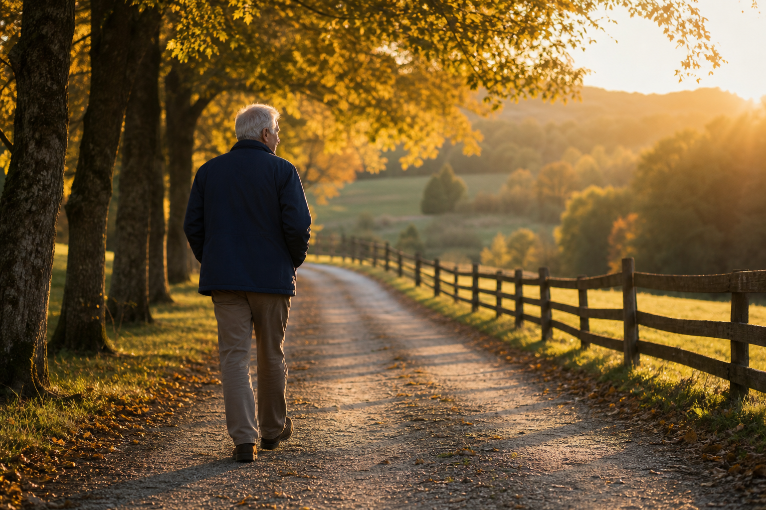 An older adult with silver hair walking calmly along a tree-lined path at golden hour, representing the unhurried decision of when to claim Social Security.