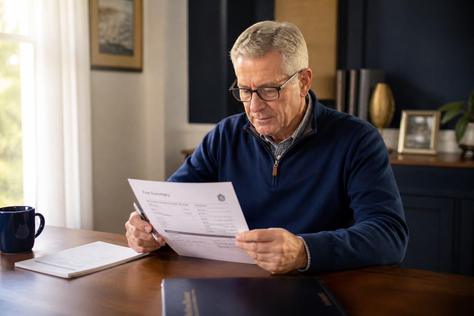 A person around 60 at a clean home desk reviewing a printed document, representing thoughtful fee decision-making