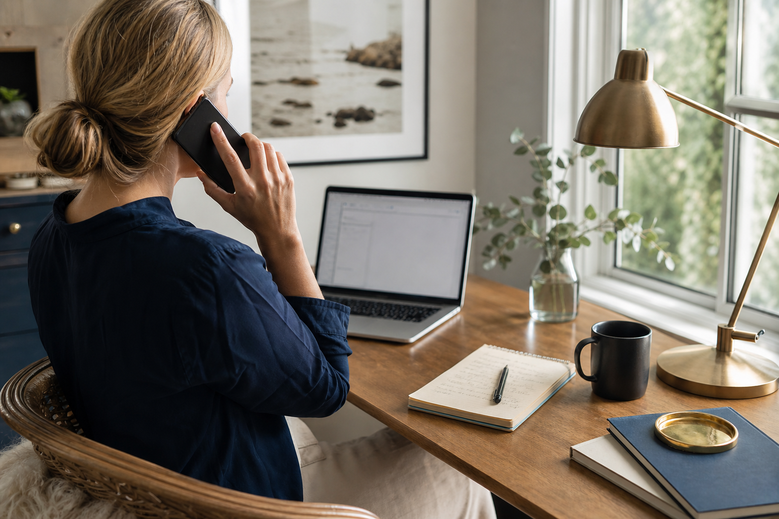 A person calmly on a phone call at a home desk, representing navigating the health insurance gap before Medicare.