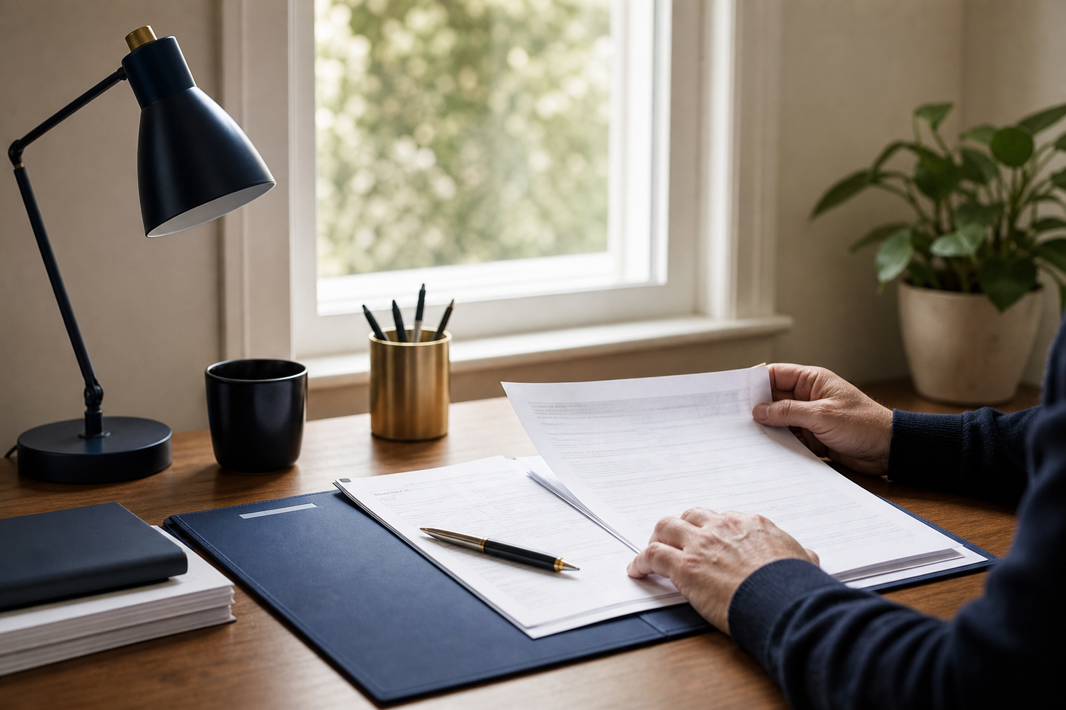 A person quietly reviewing tax documents at a home desk in natural light, representing deliberate Roth conversion planning.