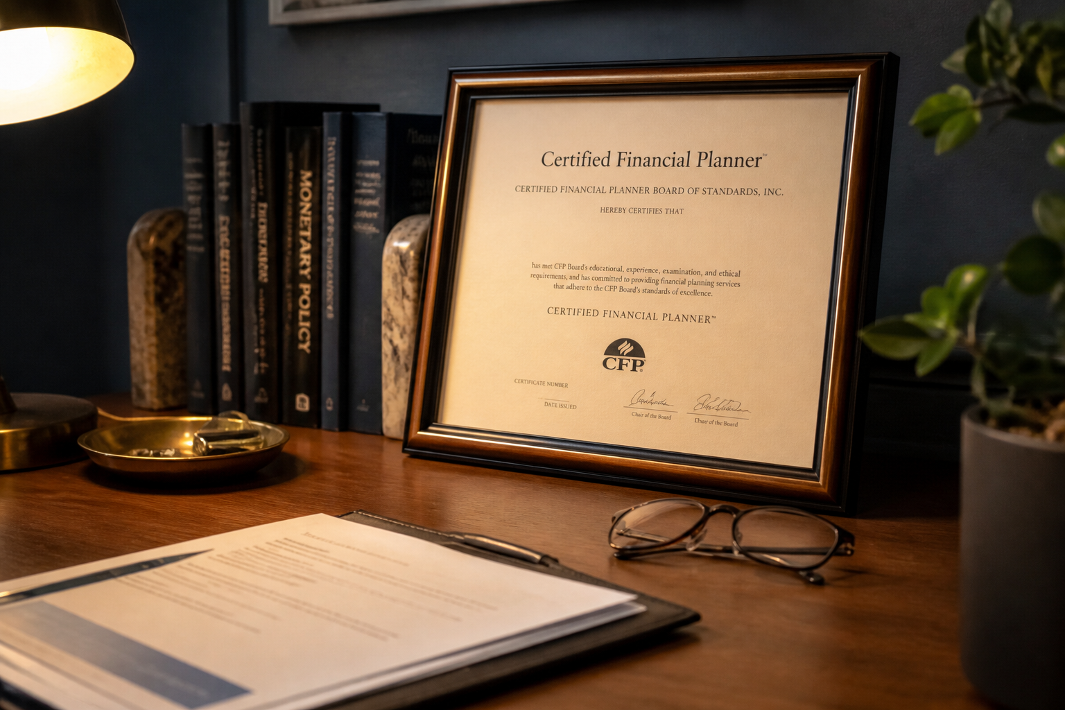 A framed CFP certificate on a warm home office desk in late afternoon light