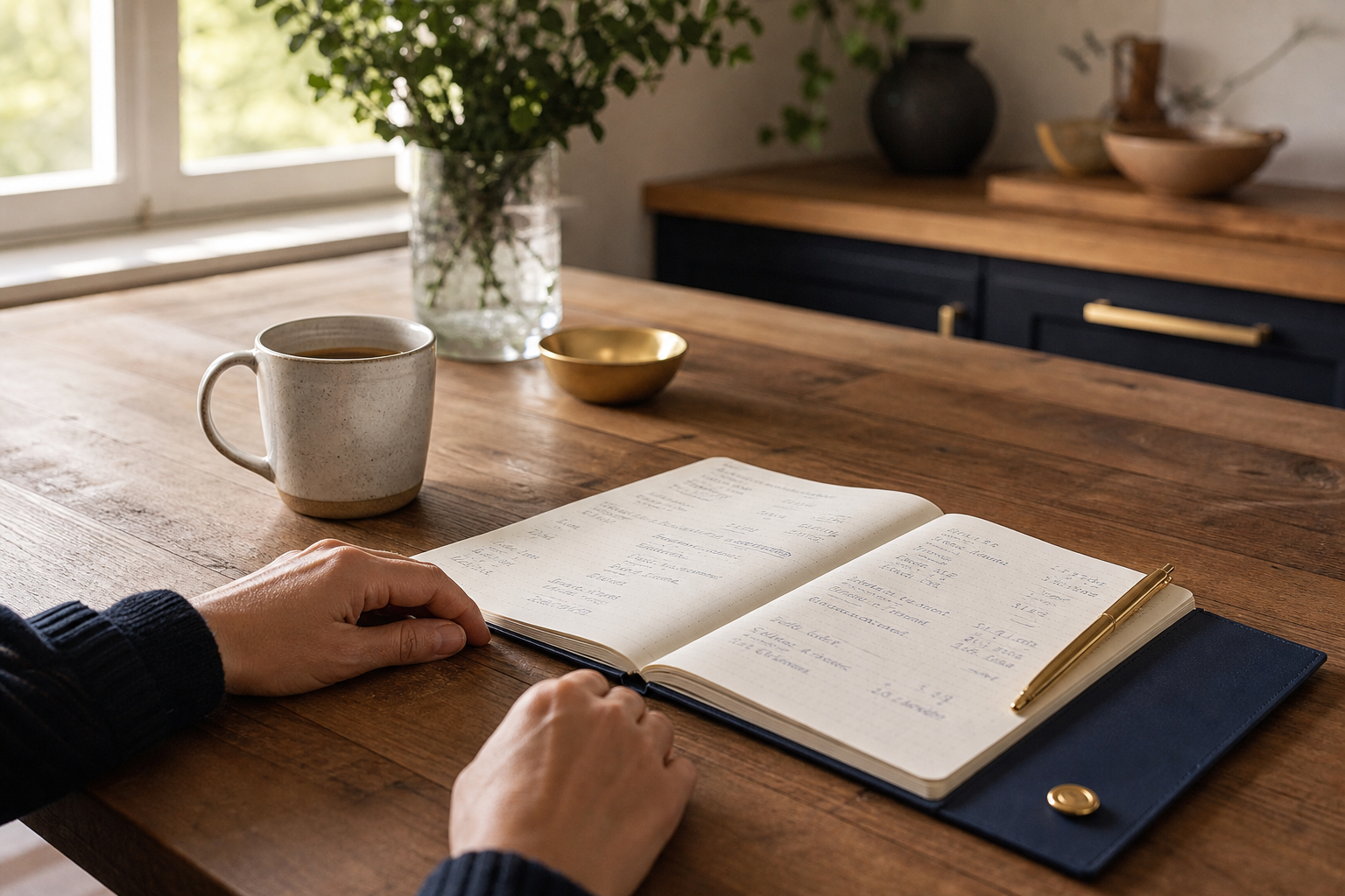 A calm morning kitchen table scene with coffee and an open notebook, representing thoughtful retirement spending planning.