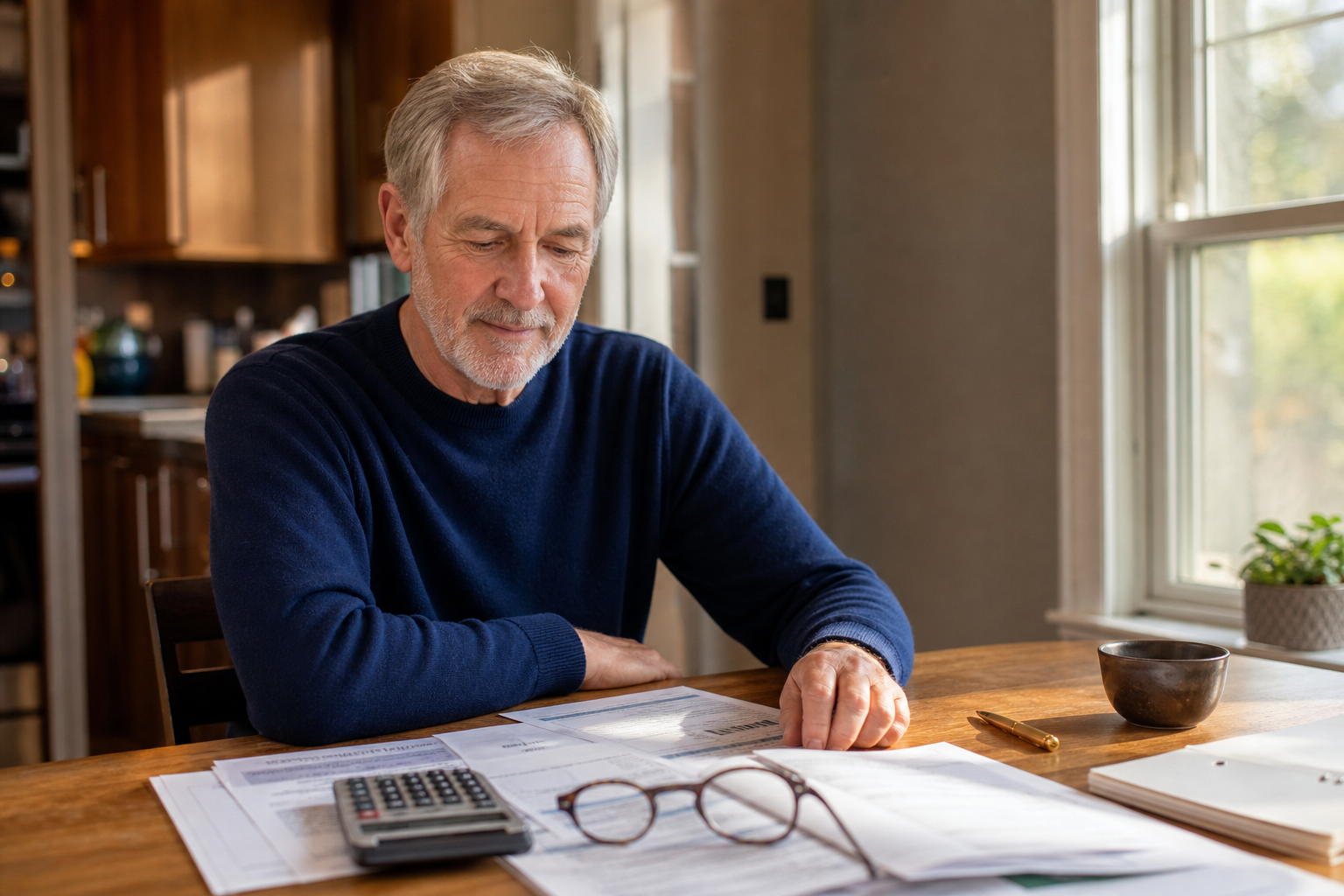 A person in their early 60s sitting at a kitchen table with retirement planning documents, looking thoughtful in warm natural light.