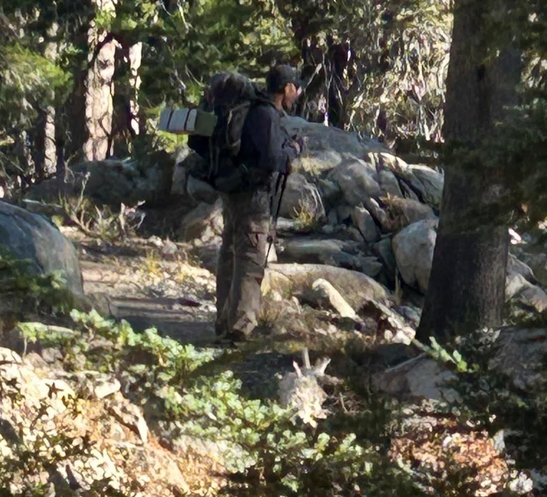 Paul standing on granite rocks in the forest, waiting for Anton to catch up