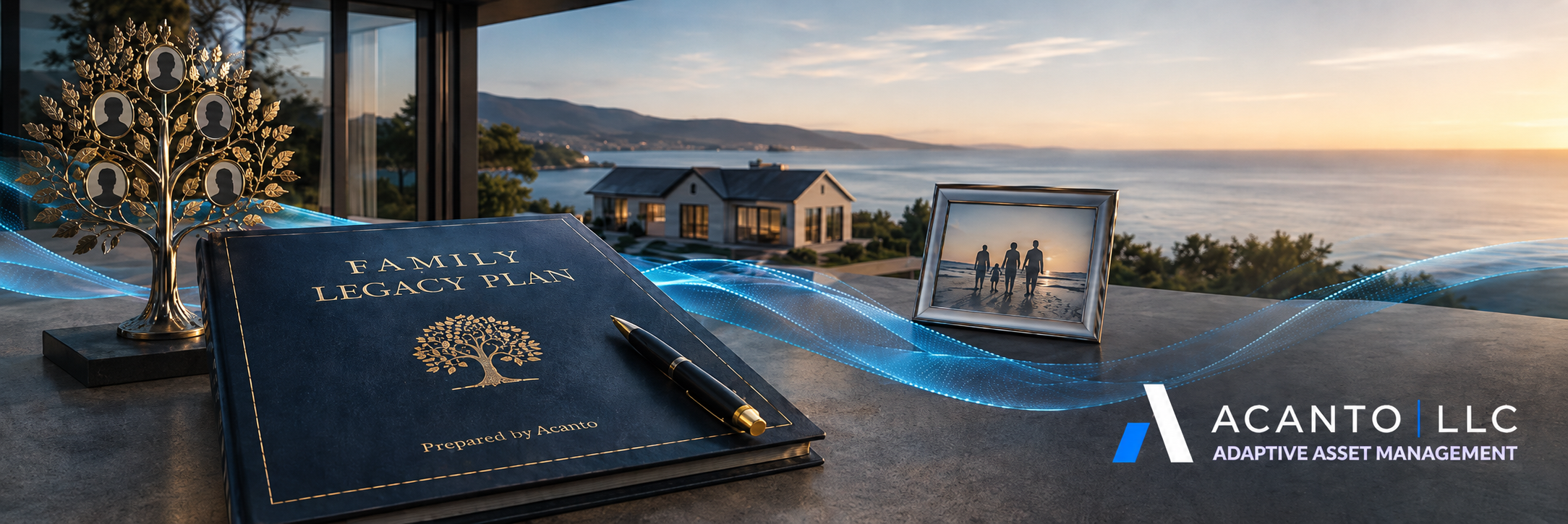 A Family Legacy Plan certificate with a family tree and a family photo at sunset, representing multi-generational estate planning